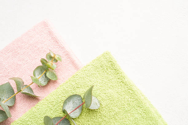 istock Rolled towels and green eucalyptus branches on white concrete background. SPA, hygiene, wellness well-being, body care concept. 1299829061