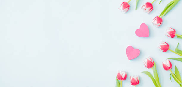 istock Flat lay valentines day frame with pink tulips on a light green background 1299829296