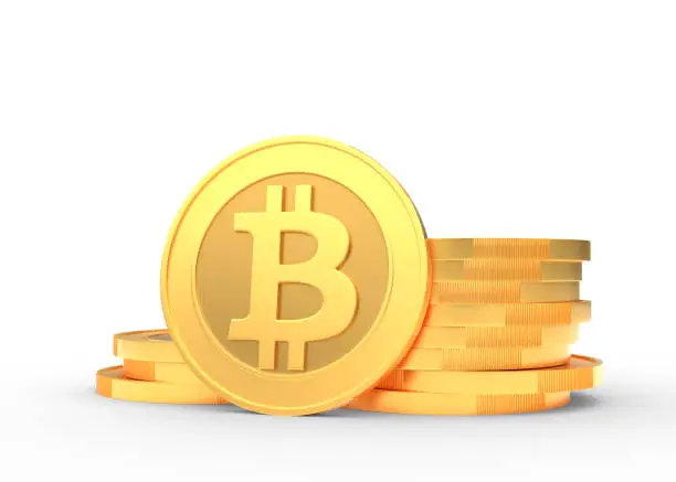 Photo of Gold coins with bitcoin sign isolated on a white background