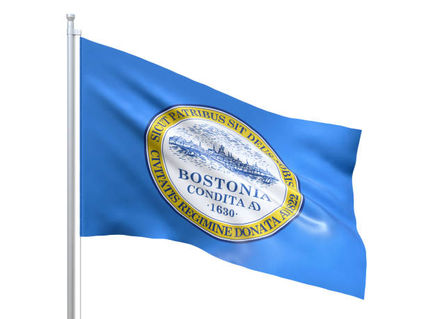 istock Boston (city in Massachusetts state) flag waving on white background, close up, isolated. 3D render 1299833298