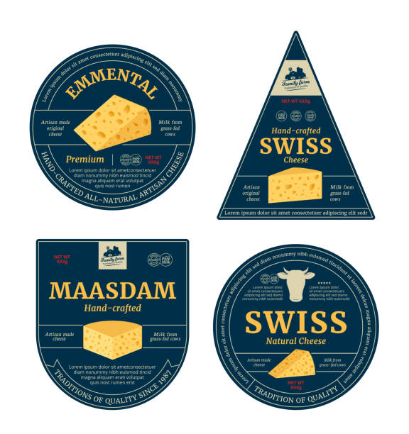 벡터 스위스 치즈 라벨과 치즈 아이콘 - cheese backgrounds textured emmental cheese stock illustrations