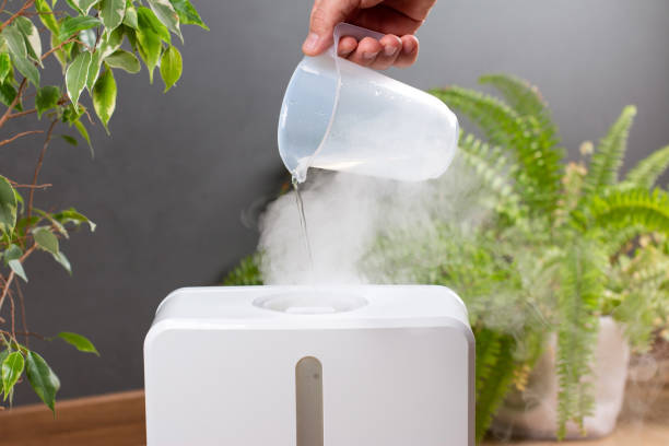 한 남자가 집에서 가습기를 사용합니다. 저수지를 물로 채웁니다. - humidifier steam home interior appliance 뉴스 사진 이미지