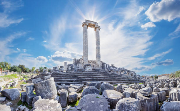 Antique Temple of Apollo in Didim city in Turkey by day stock photo