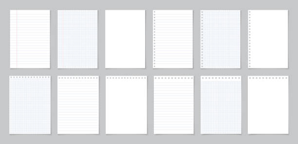線とグリッドを持つ紙。学校のノートのページ。ノート用の白いシート。テクスチャ付きメモ帳。灰色の背景に分離されたノートペーパーのテンプレート。宿題のための日記の空白の手紙、� - lined paper paper education textbook点のイラスト素材／クリップアート素材／マンガ素材／アイコン素材