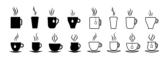 Cup icon for coffee and tea. Cup silhouette for cafe. Hot espresso, latte, cappuccino in mug. Graphic logo for coffee or tea takeaway. Black symbol with steam, smoke and aromatic. Vector.