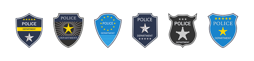 Police badge. Police department. Emblem of shield for cop and officer. Sign of security, law and protect. Symbol of sheriff, detective and policeman. Label with star and crest. Icon of patrol. Vector.