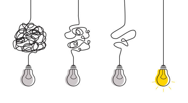 Simplification streamlining process with lightbulbs. Abstract metaphor of business problem solving or difficult situation. Simplification streamlining process with lightbulbs. Tangle tangled and unraveled.Vector idea concept isolated on white background order stock illustrations