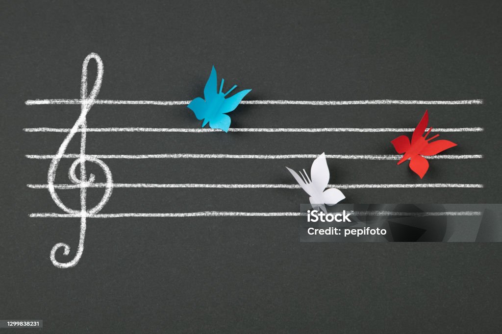 Musical score of the butterfly shape Musical score of the butterfly shape ,on blackboard background Treble Clef Stock Photo