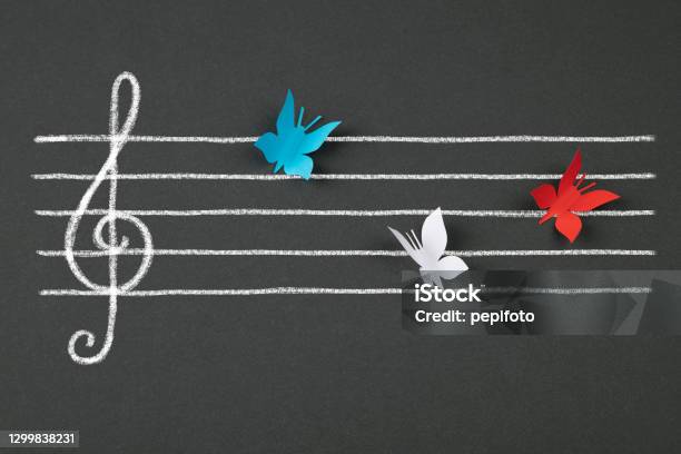 Musical Score Of The Butterfly Shape Stock Photo - Download Image Now - Treble Clef, Music, Musical Staff