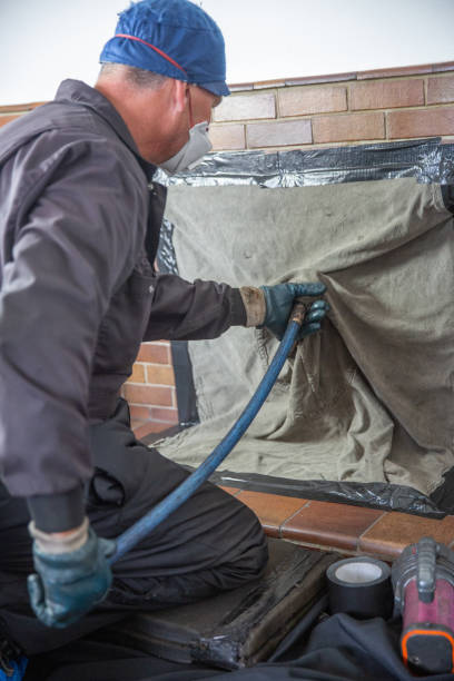 istock Chimney sweep cleaning a traditional open fire with face covering and protective clothes. 1299839453