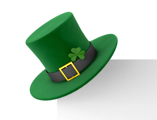 St. Patrick's Day. Green Leprechaun Hat with Clover on the corner of the frame sheet. isolated on white background. 3d render St. Patrick's Day. Green Leprechaun Hat with Clover on the corner of the frame sheet. isolated on white background. 3d render. leprechaun hat stock pictures, royalty-free photos & images