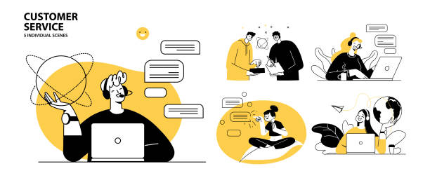 Customer service concept illustrations. Collection of individual scenes for technical support assistant, customer and operator vector. Customer service, hotline operator advises customer, online global technical support 24 7. Customer service concept illustrations. Collection of individual scenes for technical support assistant, customer and operator vector. Customer service, hotline operator advises customer, online global technical support 24 7 hotline background stock illustrations