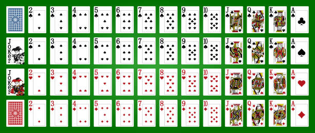 istock Poker set with isolated cards on green background. Poker playing cards - Full deck - Miniature playing cards for mobile applications 1299841179