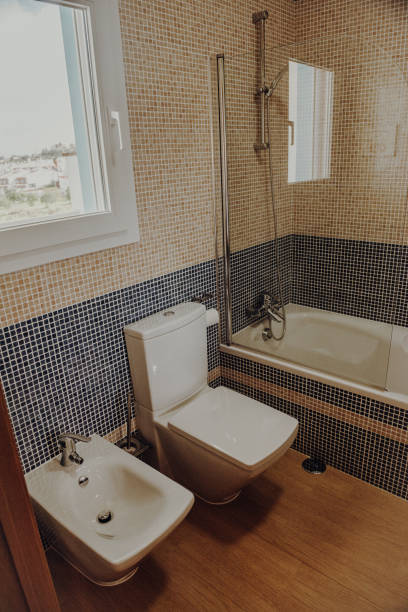 уютный домашний интерьер выстрелы - современная ванная комната с мозаикой искусства - loft apartment bathroom mosaic tile стоковые фото и изображения
