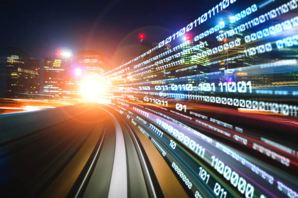 istock Digital data flow on road with motion blur to create vision of fast speed transfer 1299843513