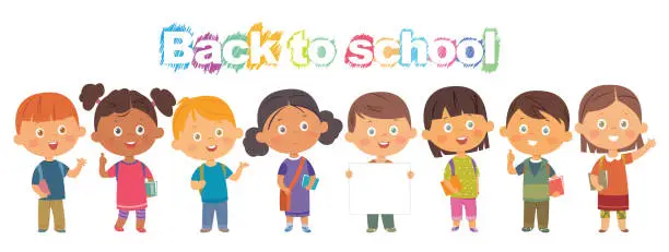 Vector illustration of Cute kids with books. Back to school. Happy boys and girls