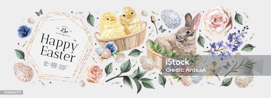 Glad påsk! Vektor illustrationer av akvarell söt bunny, chick, blommor, växter och hälsning ram. Bilder och föremål för affisch, inbjudan, vykort eller bakgrund - Royaltyfri Påsk vektorgrafik