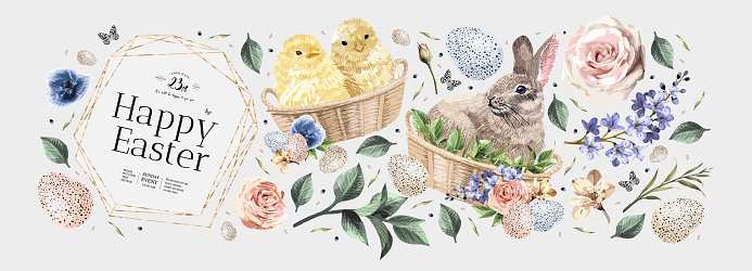Happy Easter! Vector illustrations of watercolor cute bunny, chick, flowers, plants and greeting frame. Pictures and objects for poster, invitation, postcard or background