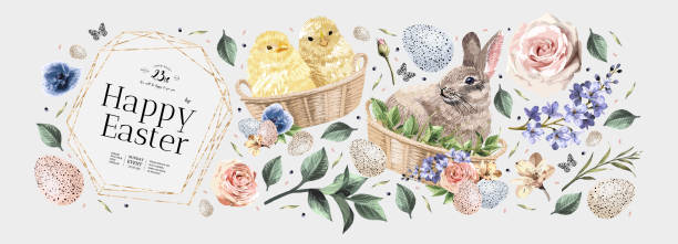 Happy Easter! Vector illustrations of watercolor cute bunny, chick, flowers, plants and greeting frame. Pictures and objects for poster, invitation, postcard or background Happy Easter! Vector illustrations of watercolor cute bunny, chick, flowers, plants and greeting frame. Pictures and objects for poster, invitation, postcard or background chicken bird illustrations stock illustrations