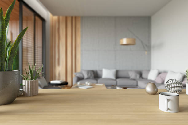 istock Table Top with Blur of modern Living Room interior 1299844981