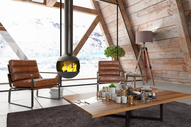 istock Stylish Tiny Triange House with Armchair And Fireplace 1299845695