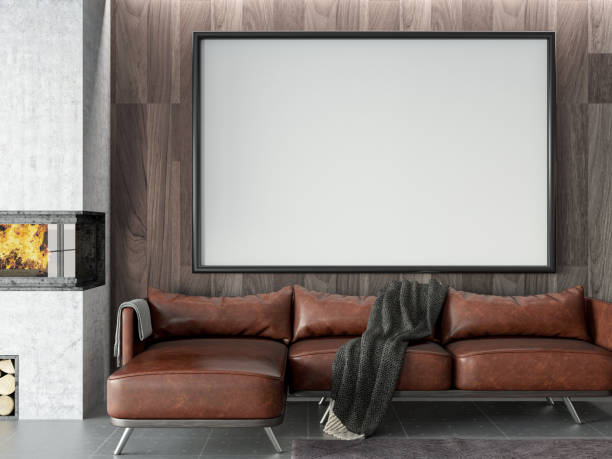 istock Interior of Living Room with Fireplace and Empty Frame 1299845703