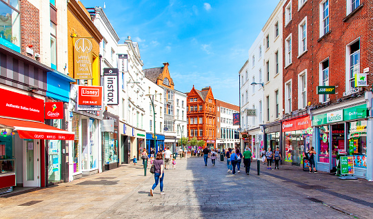 Dublin, Ireland - June 2020: Wide panoramic view of Grafton street in Dublin old town