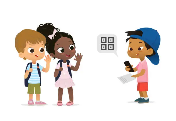 Vector illustration of New pupil scanning a code on their phone from a booklet and greeting classmates. Asian American say hello to classmates. Friendship and Diversity concept