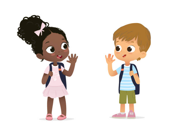 illustrations, cliparts, dessins animés et icônes de fille afro-américaine avec le sac à dos disant au revoir au garçon caucasien. camarades de classe africains heureux saluant l’isolement sur des caractères blancs de dessin animé. enfants d’école de gar