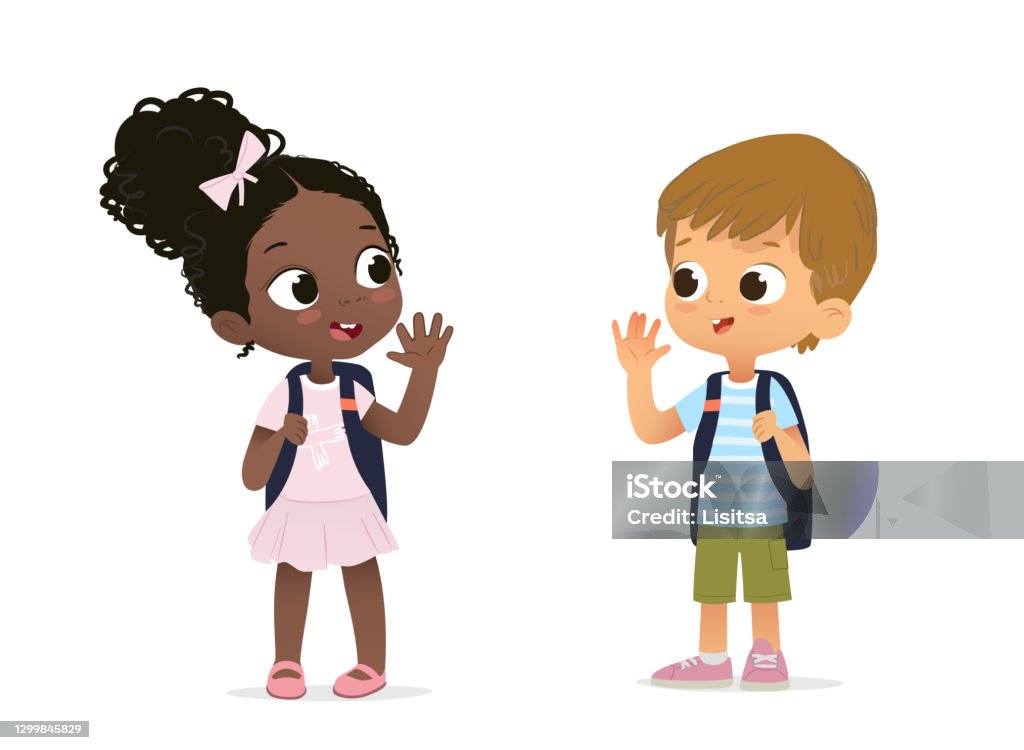 African American Girl With The Backpack Saying Goodbye To Caucasian Boy  Happy African Schoolmates Greeting Isolated On White Cartoon Characters Boy  And Girl School Children Going To School Stock Illustration - Download