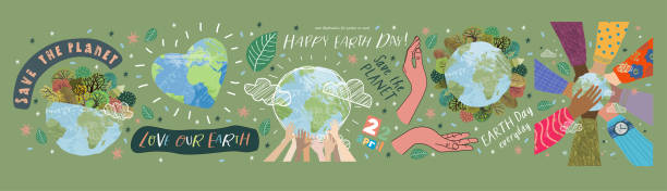 해피 어스 데이! 지구를 구하는 주제에 대한 소셜 포스터, 배너 또는 카드에 대한 벡터 에코 일러스트레이션, 인간의 손은 지구를 보호합니다. 매일 지구의 날을 만드세요 - 세계지도 일러스트 stock illustrations