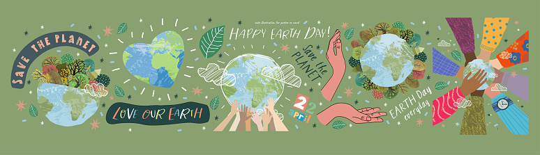 Happy Earth Day! Vector eco illustrations for social poster, banner or card on the theme of saving the planet, human hands protect our earth. Make an everyday earth day