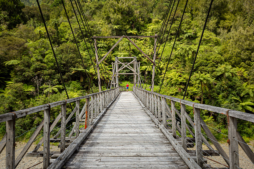 A photograph of an unrecognizable boy at the end of an old wooden bridge across the river into a lush green New Zealand's native forest. Historic Tauranga Bridge in Waioeka Gorge