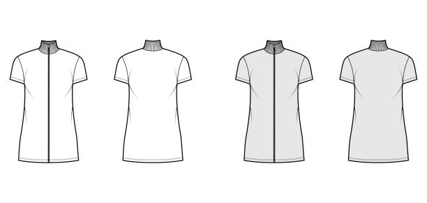 istock Turtleneck zip-up dress technical fashion illustration with short sleeves, mini length, oversized body, Pencil fullness 1299847829