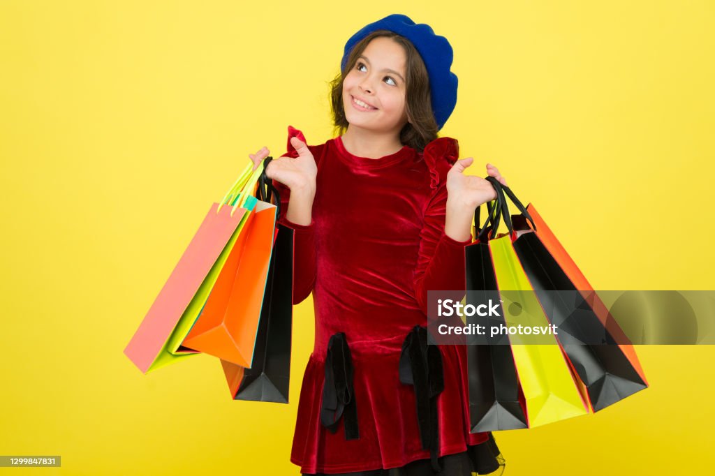 Kid Girl Hold Bunch Shopping Bags Or Birthday Gifts Packages