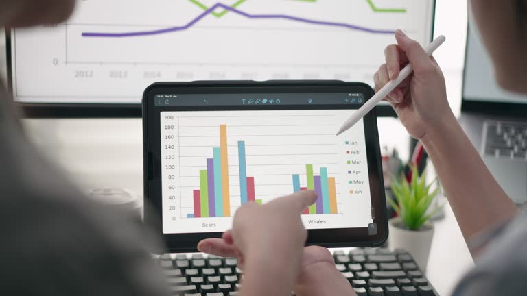 Close-up Hand of Business person team using Digital tablet analyzing Business Data Financial analysts see charts and graphs on digital tablet