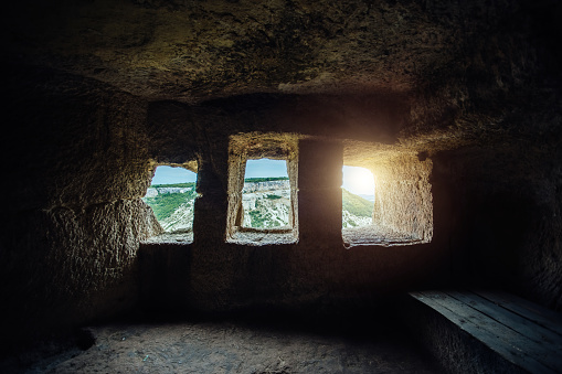 Room inside ancient cave city Chufut Kale, Bakhchisaray, Crimea.