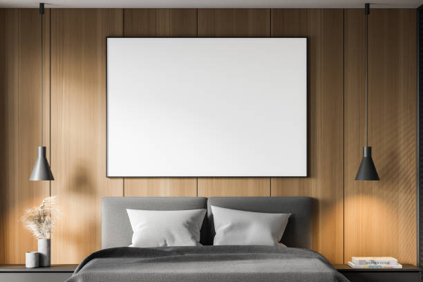 istock Wooden master bedroom interior with poster 1299849695