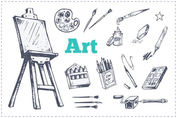 Drawing supplies or tools for artist. Vector set Drawing and painting supplies, vector icons set. Hand drawn sketch of artist tools - paint brushes, pencil, palette with tubes, pen and canvas or easel isolated objects. Vector vintage illustrations paint drawings stock illustrations