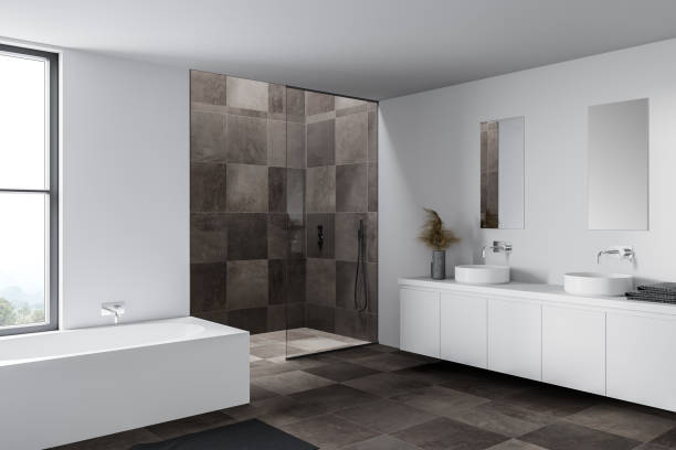 istock White bathroom corner with tub, shower and sink 1299852704