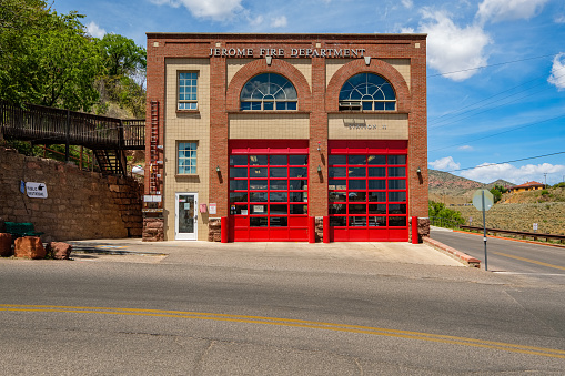 Jerome, Arizona USA - April 27, 2017: Vintage Fire Department building in this popular small mountain town located in Yavapai County in the Verde Valley.