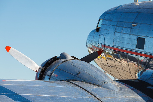 Homestead, Florida USA - November 3, 2012: Close up view of a vintage American Airlines propeller passenger and cargo airplane on display at a public airshow in Homestead Airforce base.