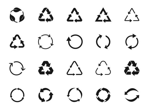 ilustrações de stock, clip art, desenhos animados e ícones de set of recycle icon symbol vector. recycling and rotation arrow icon pack. ecology, cleanliness and recycling symbol. black arrows recycle, means using recycled resources, recycling. bio  recycling. - sustainable life