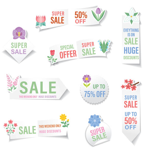 Flower Icon On A Sticker With A Drop Shadow Cute bright plant Sale sticker. All flat colors except the drop shadow. This series is on a transparent base. There is no white background. lily of the valley garden stock illustrations