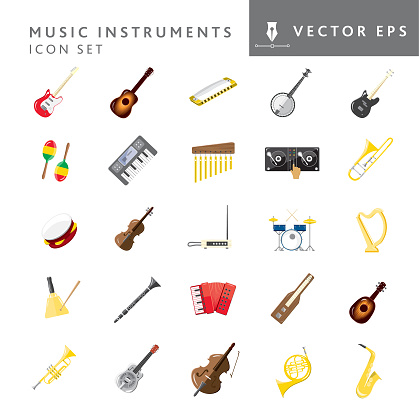 Vector illustration of a set of instrument icons on white background. No white box behind each icon. Fully editable. Simple icons include electric guitar, acoustic guitar, harmonica, banjo, electric bass, Maraca, keyboard, chimes, dj turntable, trombone, tambourine, fiddle, Theremin, drums, harp, cow bell, clarinet, accordion, lap guitar, mandolin, trumpet, steel guitar, cello, French horn, saxophone. Vector eps 10 and high resolution jpg in download.