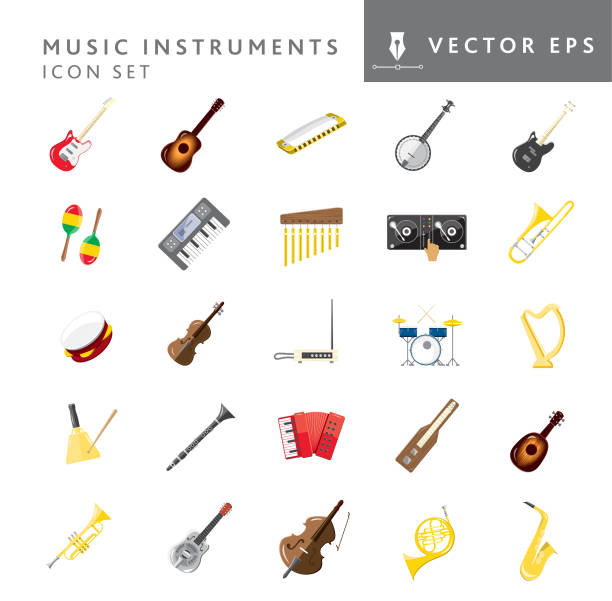 Set of full color assorted music instruments icons Vector illustration of a set of instrument icons on white background. No white box behind each icon. Fully editable. Simple icons include electric guitar, acoustic guitar, harmonica, banjo, electric bass, Maraca, keyboard, chimes, dj turntable, trombone, tambourine, fiddle, Theremin, drums, harp, cow bell, clarinet, accordion, lap guitar, mandolin, trumpet, steel guitar, cello, French horn, saxophone. Vector eps 10 and high resolution jpg in download. musical instrument illustrations stock illustrations