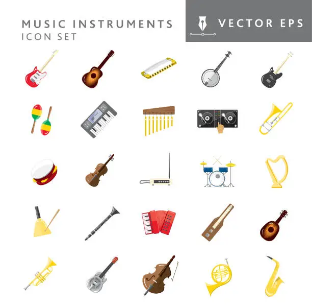 Vector illustration of Set of full color assorted music instruments icons