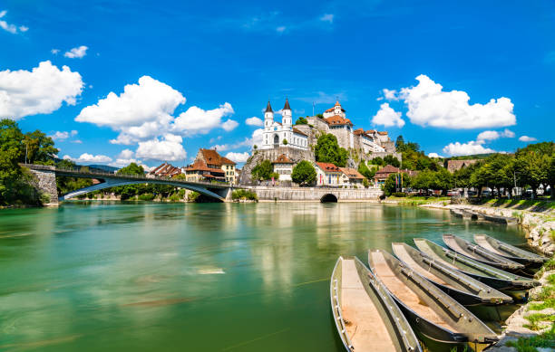 Aarburg, Switzerland Aarburg Castle and church above the Aare river in Switzerland aargau canton photos stock pictures, royalty-free photos & images