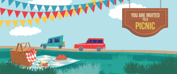 Retro Picnic Cartoon With Nature and Trees Web Banner Old fashioned Picnic Invitation template. Lots of elements in flat colors. The items can be moved around by releasing the clipping mask (right-click on layer, choose ‘release clipping mask’) family reunion clip art stock illustrations