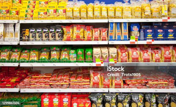 Kaliningrad Russia January 31 2021 Pasta On Supermarket Shelves Stock Photo - Download Image Now
